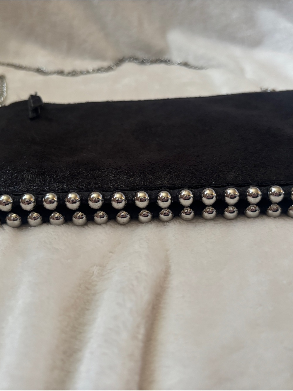 Zara Black Studded Crossbody Bag Silver Ball Chain Suede Look Clutch - Picture 2 of 8